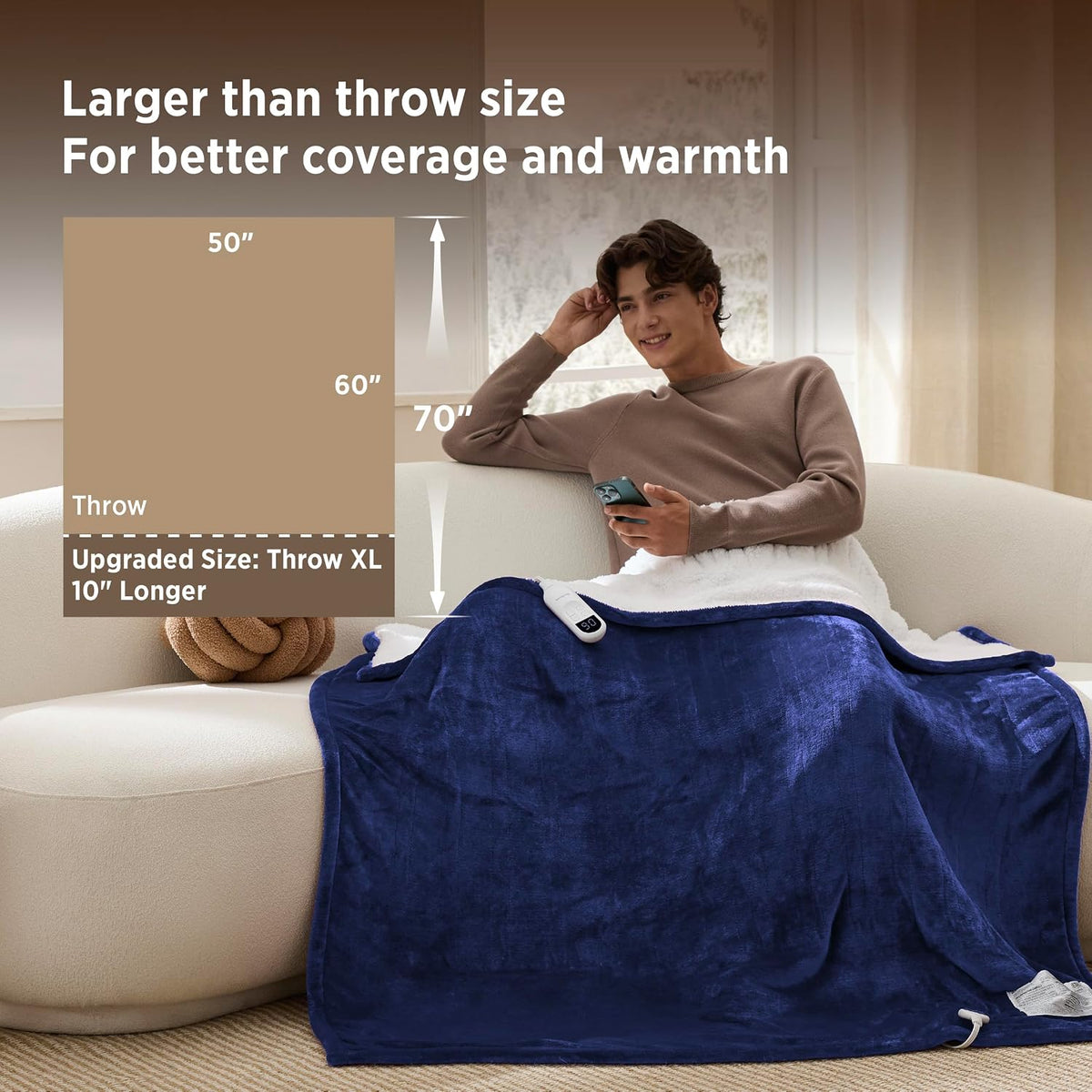Bedsure Heated Blanket Throw, Soft Electric Blanket with Preheat, Cream
