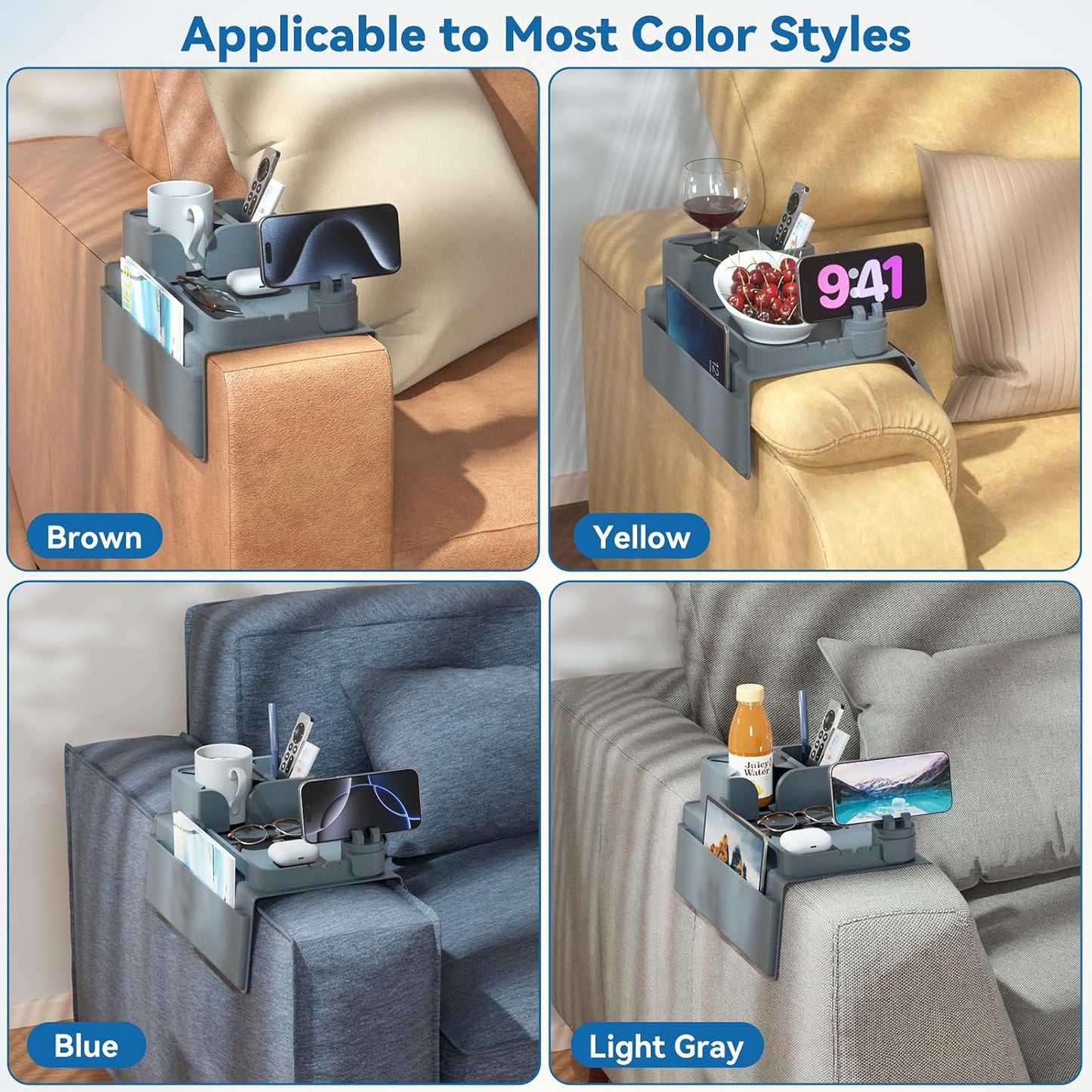 Couch Arm Cup Holder CLESOO Couch Arm Tray Anti-Slip Couch Cup Holder Silicone Sofa Armrest Tray Dual Side Pocket Couch Drink Holder Sofa Caddy Arm Remote Holder Snack Caddy with Phone Holder Blue