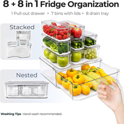 SMRCAD Clear Fridge Bins with Drain Trays - BPA-Free PET, Stackable