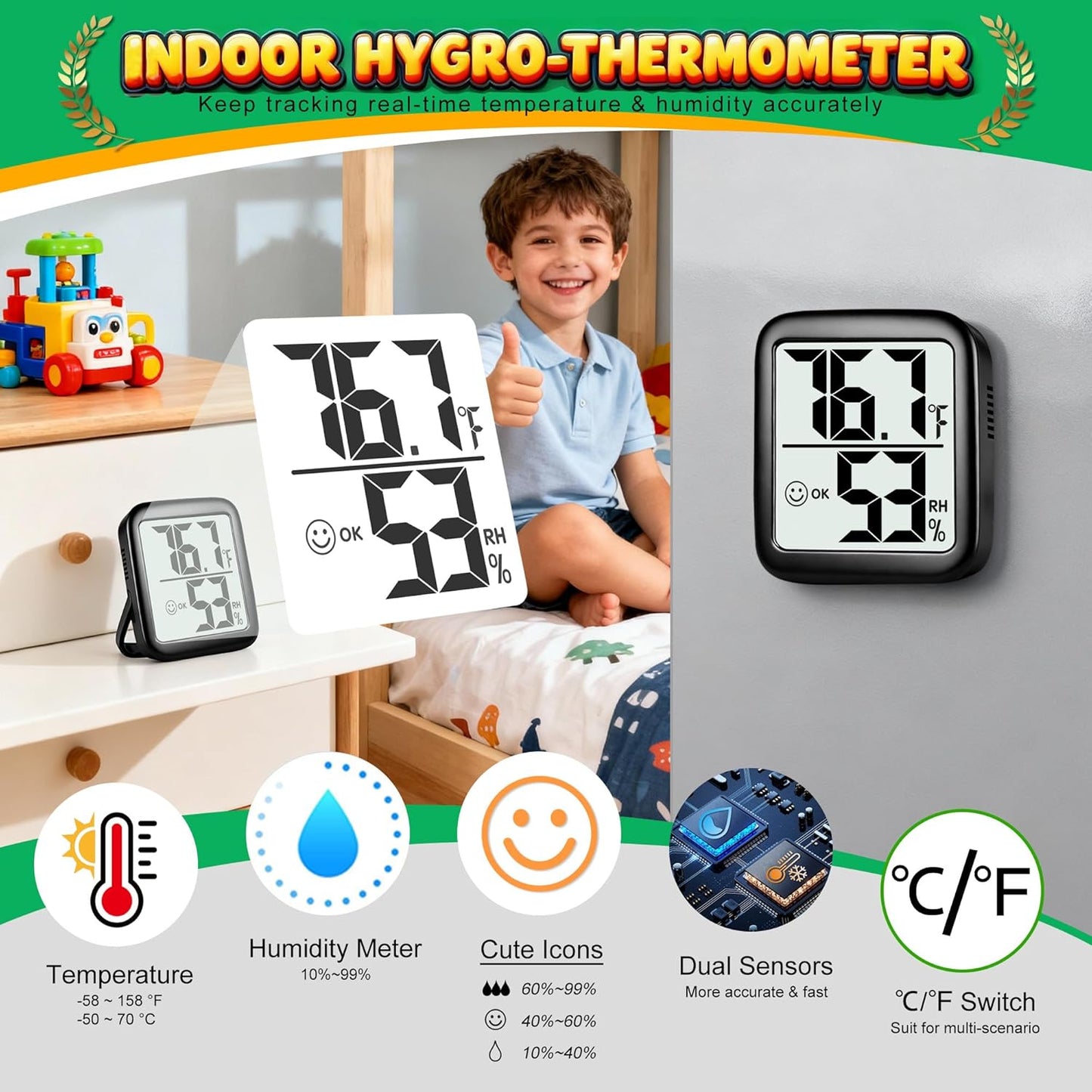 2 Pack Room Thermometer Indoor Hygrometer | Monitor Temperature & Humidity, Accurate, Fast Read, Easy To View, Magnetic/Kickstand/Hanging, ℉/℃, w/ Battery, Compact