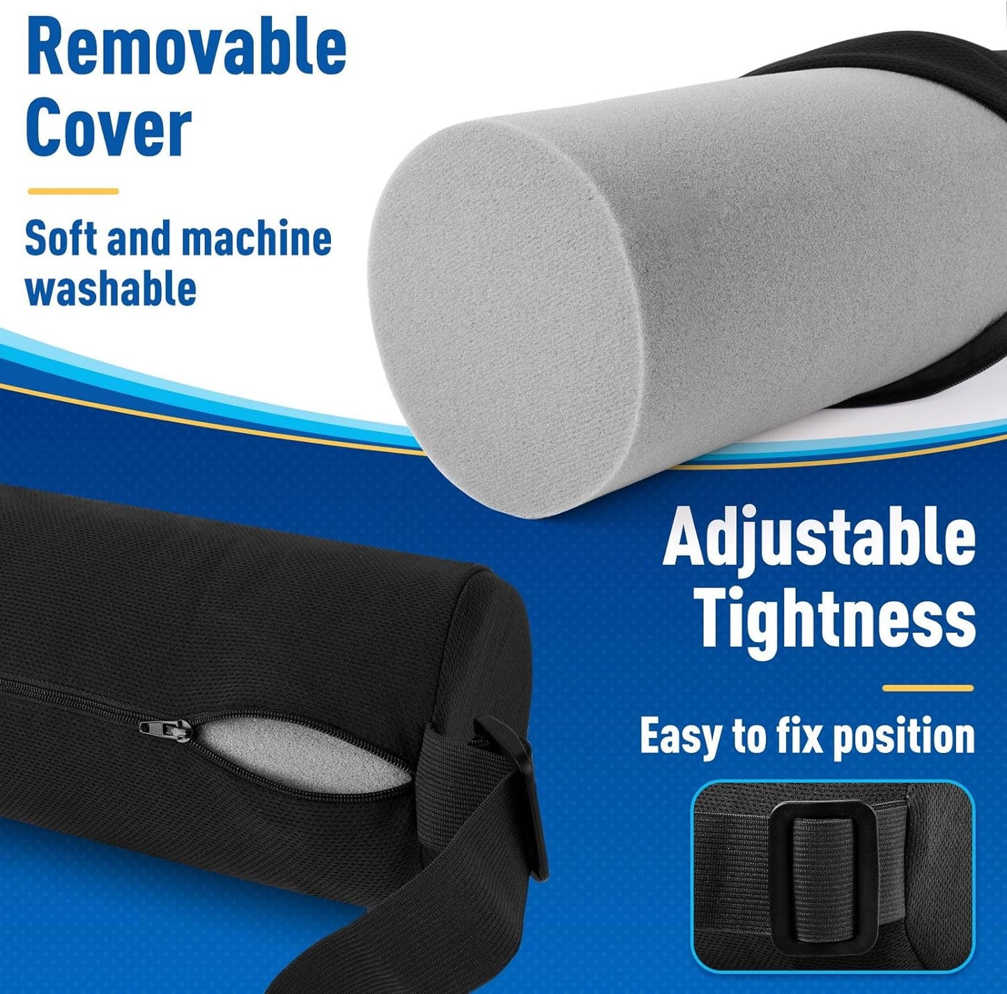 CushZone Lumbar Roll Support Pillow, Memory Foam Back Cushion, Black | Helps Relieve Back Pain & Supports Posture,Adjustable Strap Fits Office,Car & Gaming Chairs,Washable Cover