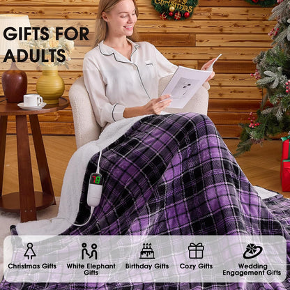 Heated Blanket Electric Throw 50X60 Heating Blanket with 10 Heating Levels 8 Hours Auto Off, Blue Plaid Sherpa Blankets Winter Warmer, Home Decor for Couch Bed Office,Gifts for Mom, Women,Washable