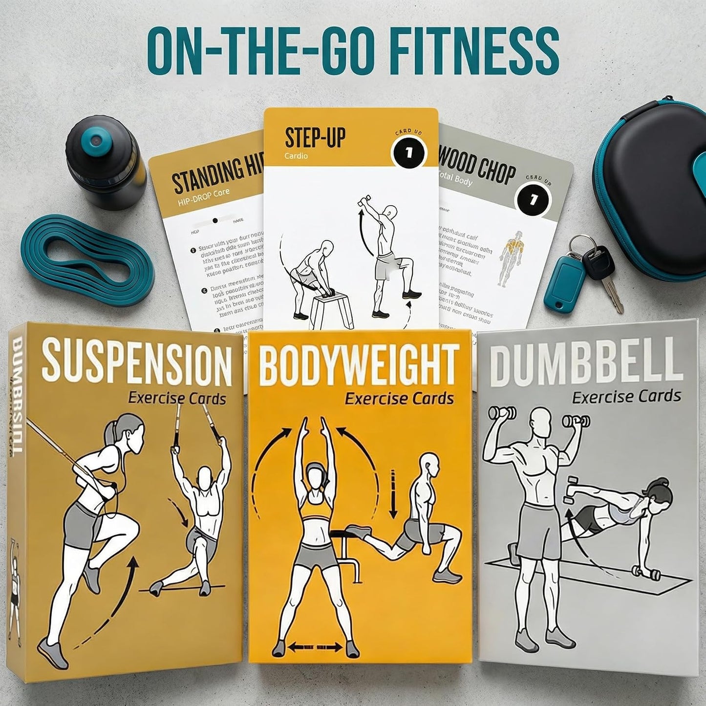 Bodyweight & Dumbbell Workout Cards - 100 Large 5"x3.5" Exercise Cards with 24 Strength Moves, Home & Gym Fitness Cards for Men & Women, Beginner Fitness Guide