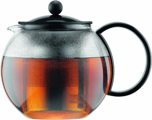 Bodum 34oz Assam Glass Tea Press with Stainless Steel Filter, Black Plastic Lid