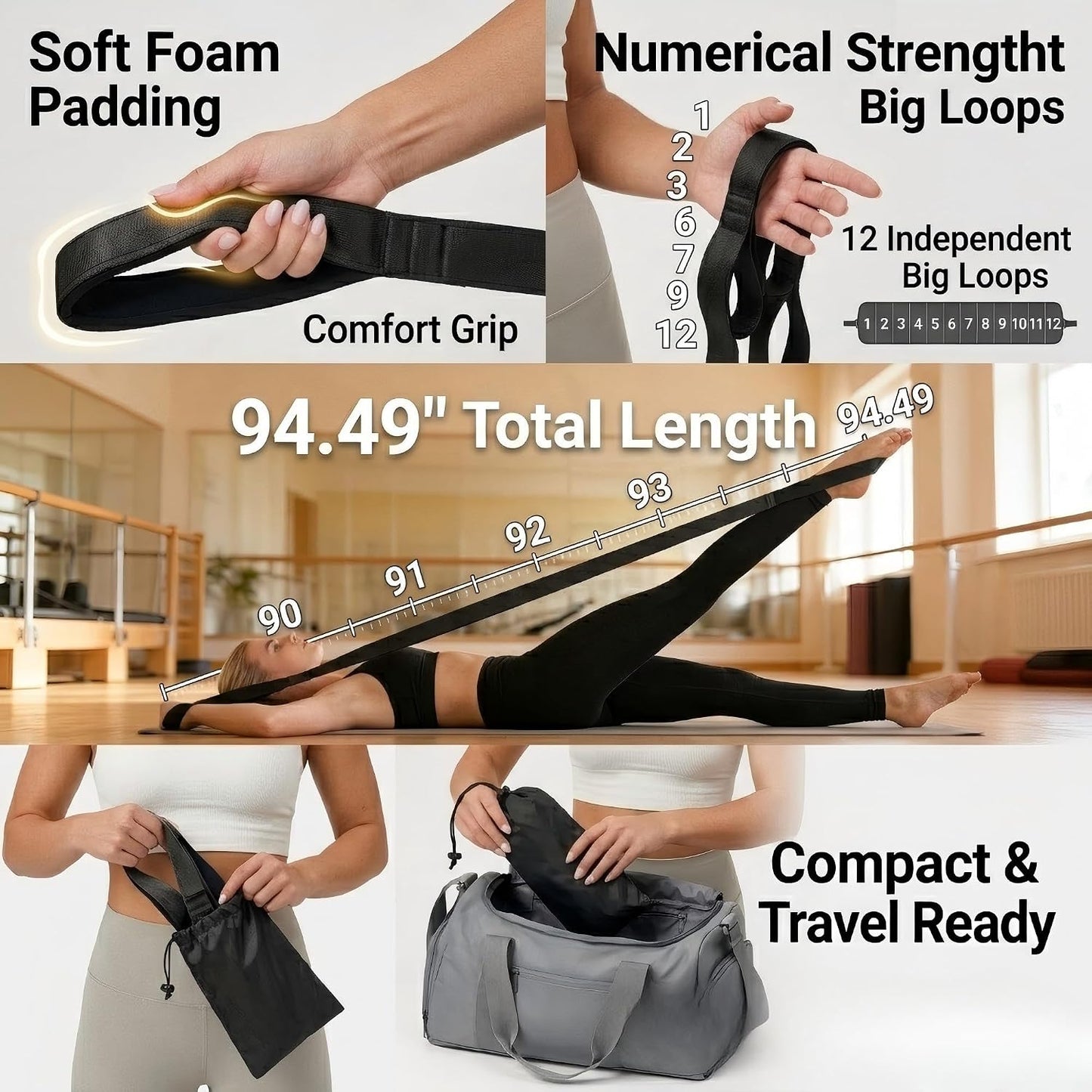 Stretching Strap with 12 Loops-Non-Elastic Physical Therapy with Carry Bag | Premium non elastic yoga straps for injury recovery, rehab flexibility training, hamstring stretch & physical therapy