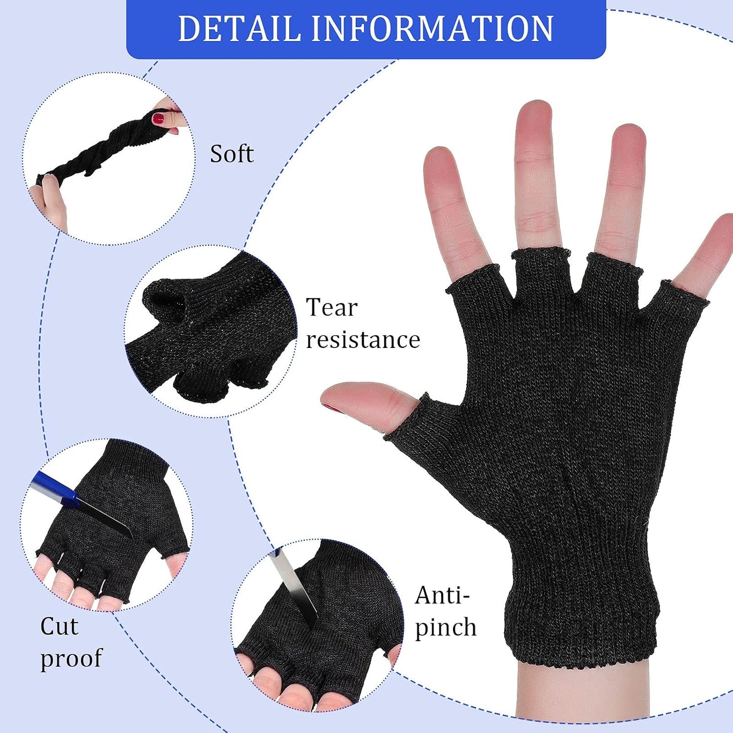 Geyoga 2 Pair Fingerless Cut Resistant Gloves Kitchen Cutting Glove Food Grade Gloves for Chef Mandolin Slicing(Grey and Black)