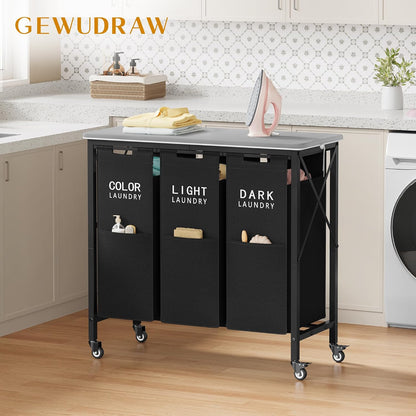 Gewudraw 3 Section Laundry Sorter with Ironing Board, Black | Laundry Sorter with Removable Bags, Heavy-Duty Rolling Laundry Cart, Lockable Wheels, For Bathroom, Bedroom