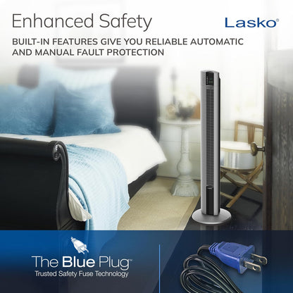 Lasko Tower Fan, Oscillating Performance, Remote Control, Nighttime Setting, Timer, 3 Speeds, High-Velocity Tower Fan, Room Fan for Bedroom or Office, 48" Gray, T48314