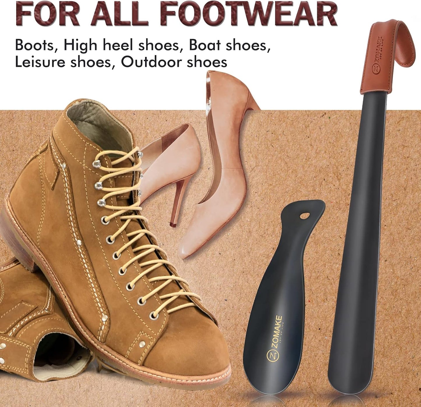 ZOMAKE Shoe Horn Long Handle for Seniors Men Women, Metal Shoehorn 2Pack | 16.5" Long Boot Horn, Travel Small Shoe Spoon Helper 7.5", Sturdy Stainless Steel, Anti-Slip Leather Grip, Shoe Protection