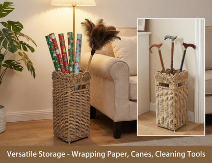 AceList Woven Umbrella Stand for Entryway, PE Rattan with Drip Tray | Scalloped cane holder for umbrellas, walking sticks & wrapping paper, farmhouse porch decor, removable base, sturdy 16.5 inch