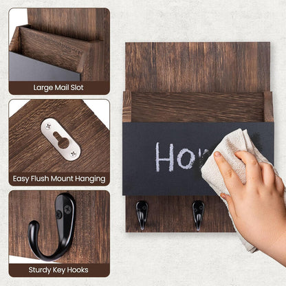 Key and Mail Holder for Wall Mount, Mail Holder with Chalkboard | Mail Organizer with 2 Slot, Key Holder with 3 Sturdy Hooks for Coat, Dog Leash, Decorative Key Rack (8.86”W x 11.42”H x 3”D)