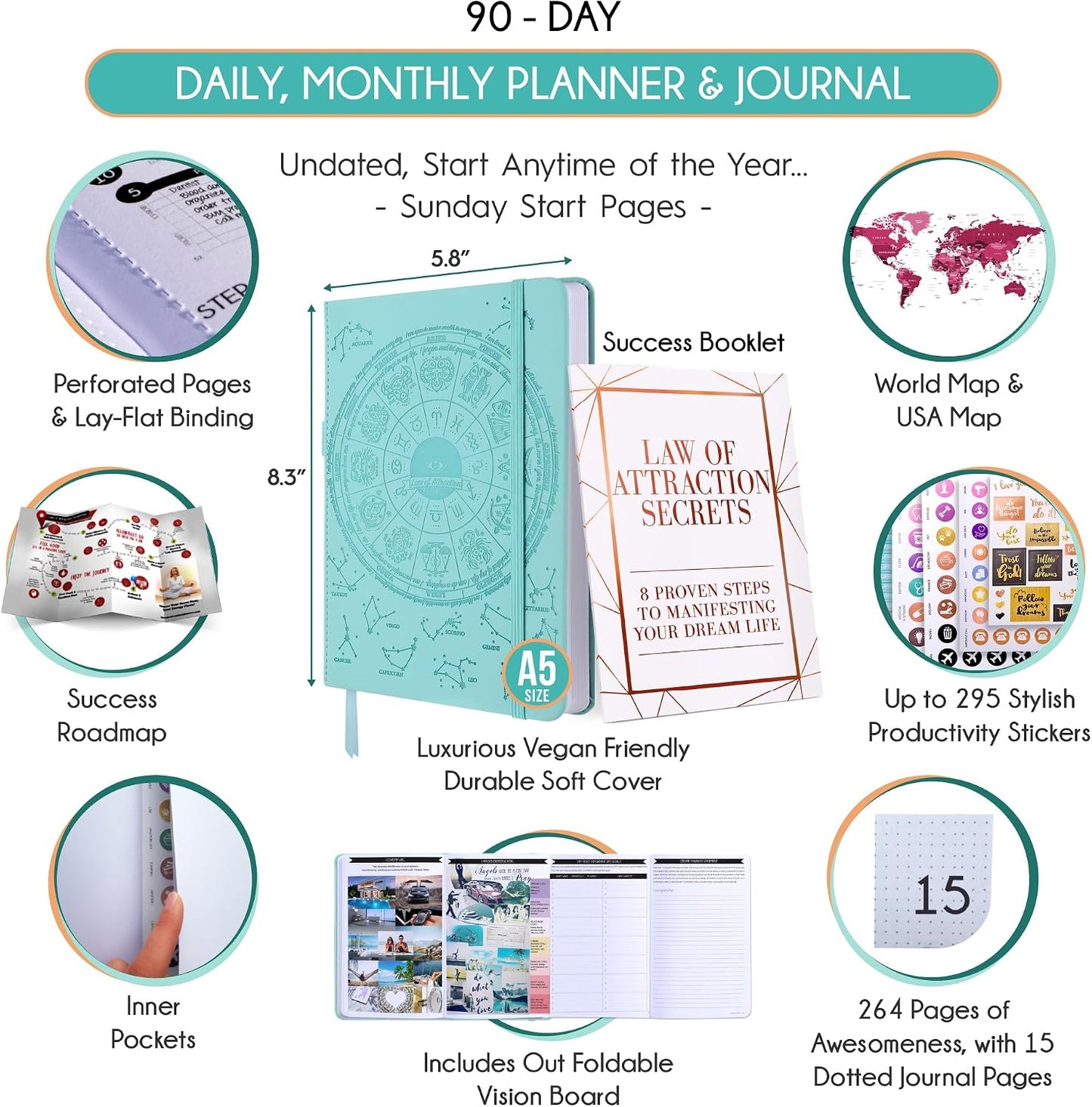 Freedom Mastery Daily Journal of Gratitude, Productivity & Habit Tracker | Undated 90-Day Planner with Daily Reflection, Mindfulness, Positivity, Vision Board & Stickers, Gratitude Journal for Women