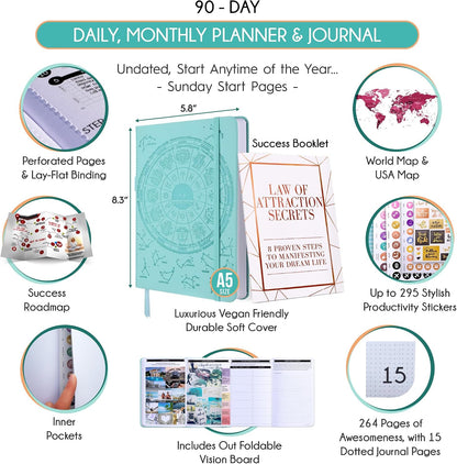 Freedom Mastery Daily Journal of Gratitude, Productivity & Habit Tracker | Undated 90-Day Planner with Daily Reflection, Mindfulness, Positivity, Vision Board & Stickers, Gratitude Journal for Women