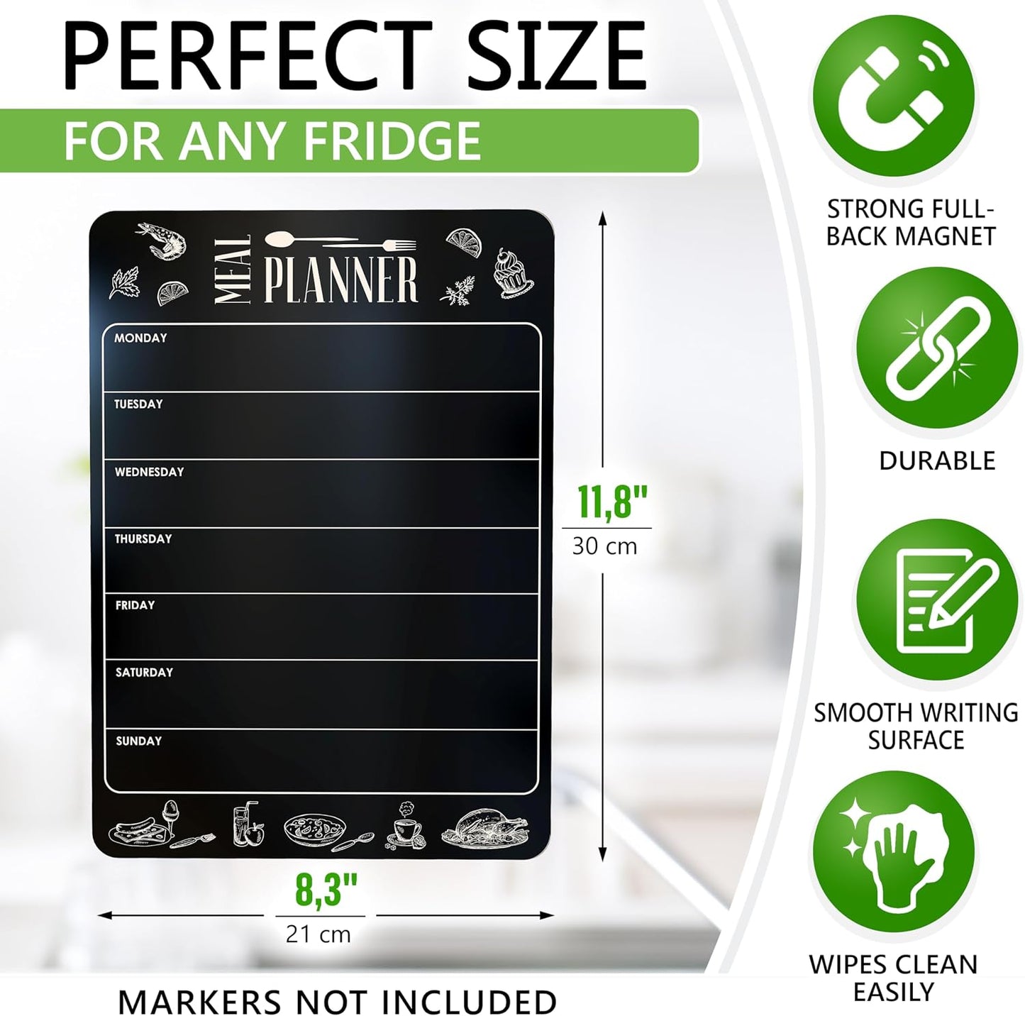 Dry Erase Magnetic Meal Planner for Refrigerator A4 (8.5x12 inch) - Magnet Weekly Menu Board for Fridge - Magnetic Menu White Board - Fridge Meal Planner Magnet - Dinner Meal Planner Dry Erase Board