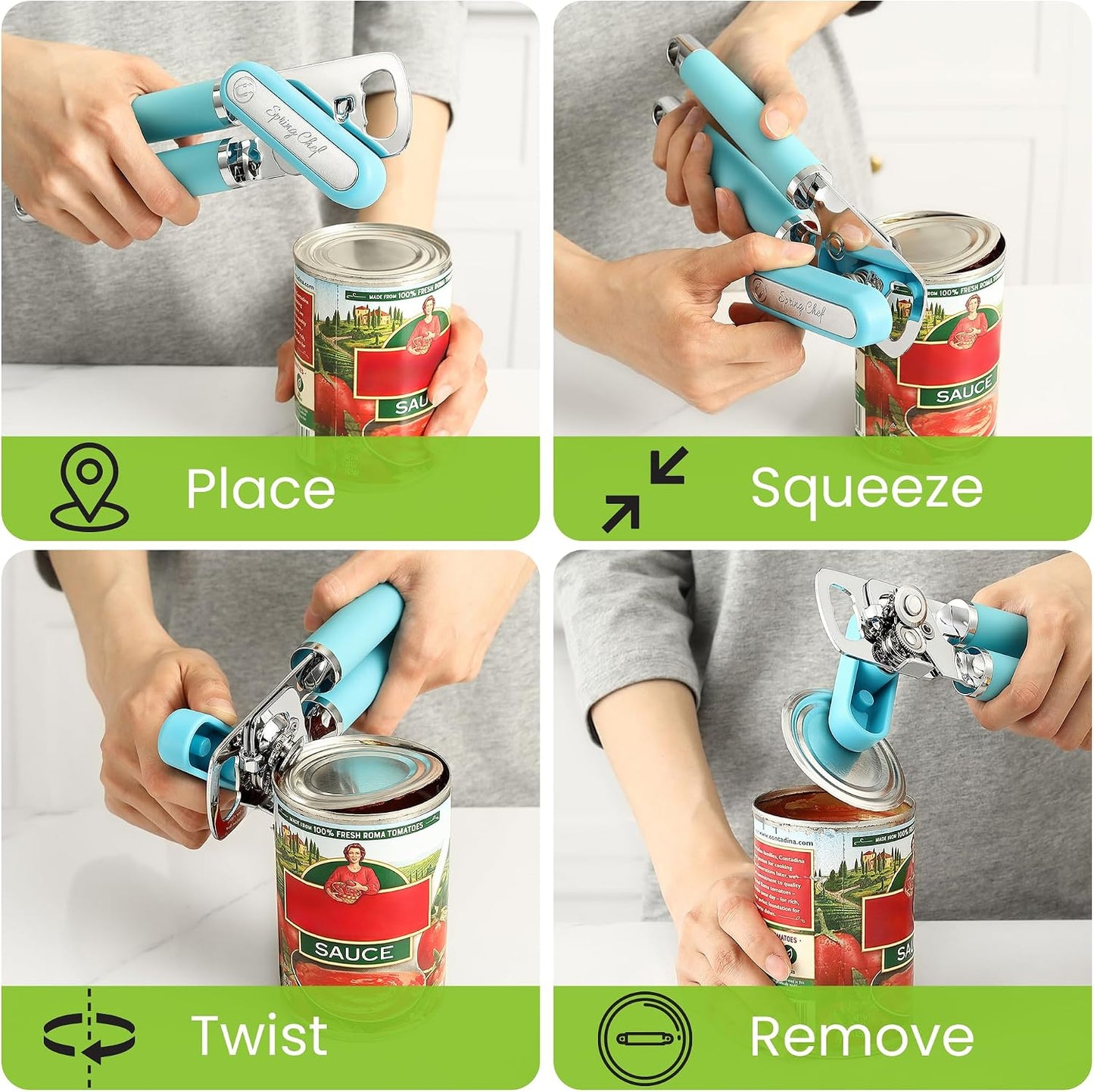 Spring Chef Stainless Steel Manual Can Opener with Soft Grip Handles, Black | Heavy Duty Hand Can Opener for Seniors with Smooth Edge, Easy Turn, 3in1 Can Opener with Magnetic Lid Remover & Bottle Opener