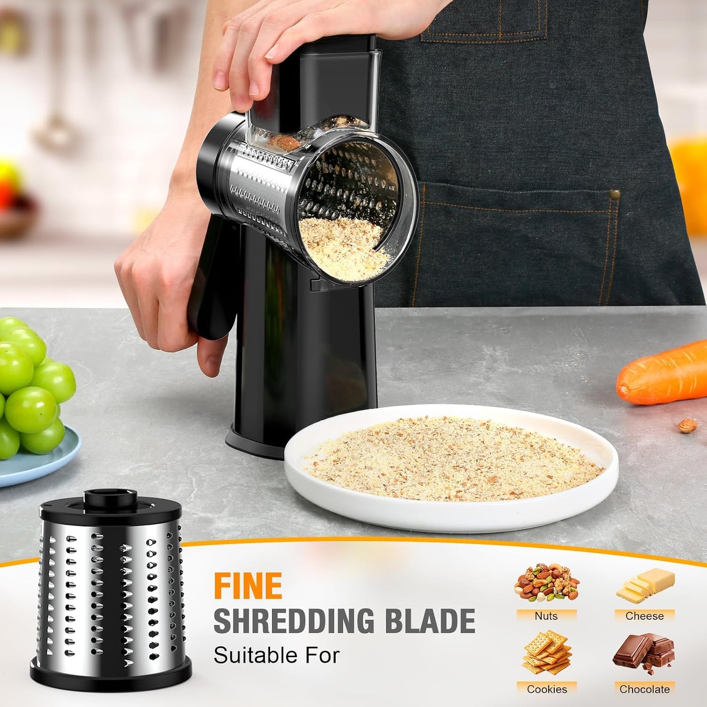 Ibergrif Rotary Cheese Grater Hand Crank– Manual Vegetable Slicer Mandoline with Foldable Handle, Rotary Grader with 3 Interchangeable Blades, Manual Cheese Shredder with Suction Base | 430 Stainless Steel Suction Base Finger Guard BPA Free for Cheese