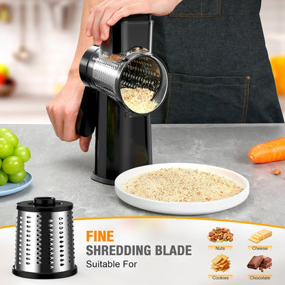 Ibergrif Rotary Cheese Grater Hand Crank– Manual Vegetable Slicer Mandoline with Foldable Handle, Rotary Grader with 3 Interchangeable Blades, Manual Cheese Shredder with Suction Base | 430 Stainless Steel Suction Base Finger Guard BPA Free for Cheese