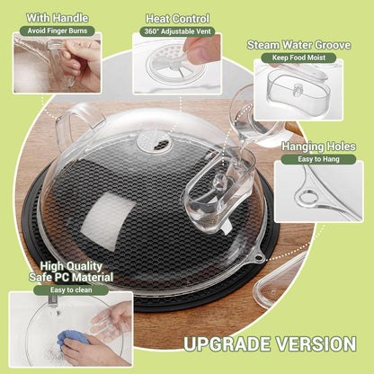Microwave Splatter Cover, Clear, 10" Plate & 12" Mat | Water Steamer, Integrated Handle, Splatter Guard, BPA-Free