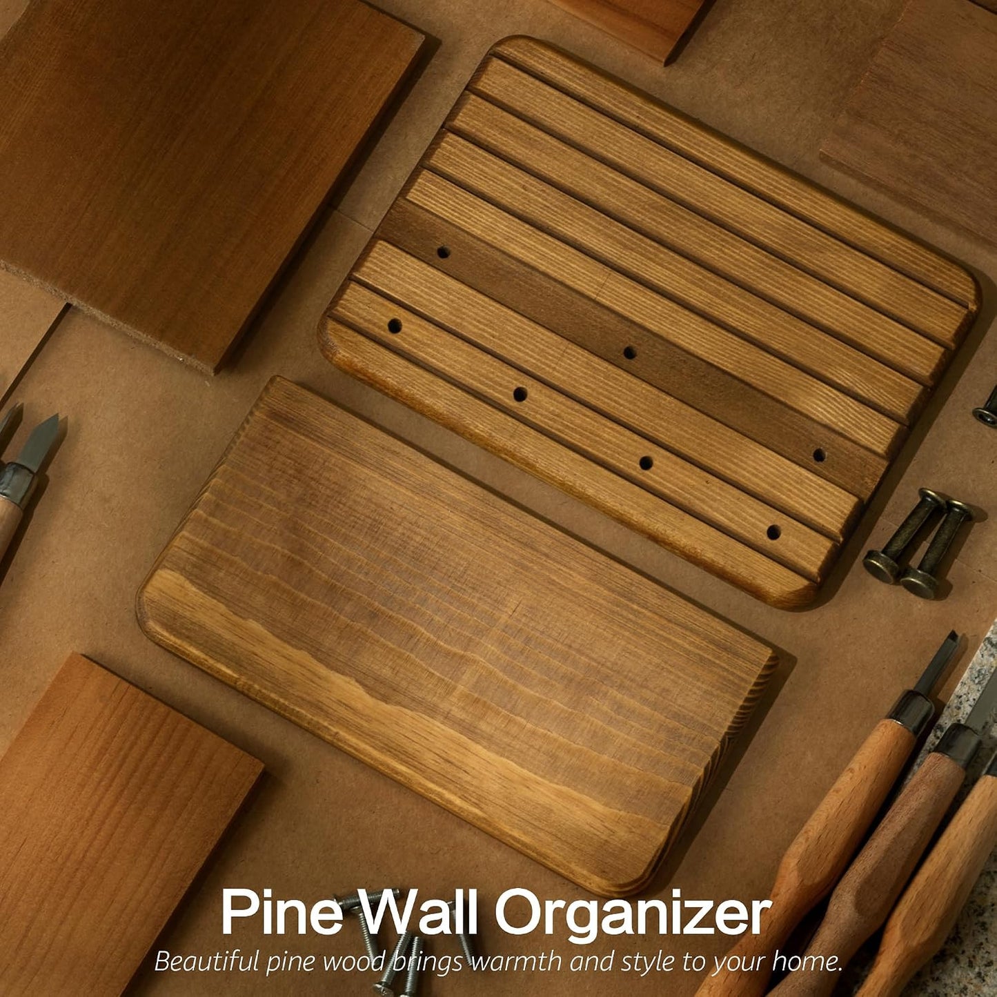 Rebee Vision Pine Wood Key Holder Wall Mount with Shelf for Entryway, Brown | 6 Key Hooks, Round Corner, Smooth&Hand-Friendly, Clear Wood Texture, Space-Saving Design, Organize Mail & Letter