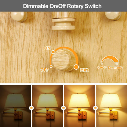 TRLIFE Wall Sconce Plug in, Dimmable Wall Sconces Set of Two Swing Arm Wall Lights with Plug in Cord and On/Off Dimmer Rotary Switch, 9.4" Medium Beige Fabric Shade(2 Pack, 2 Bulbs)