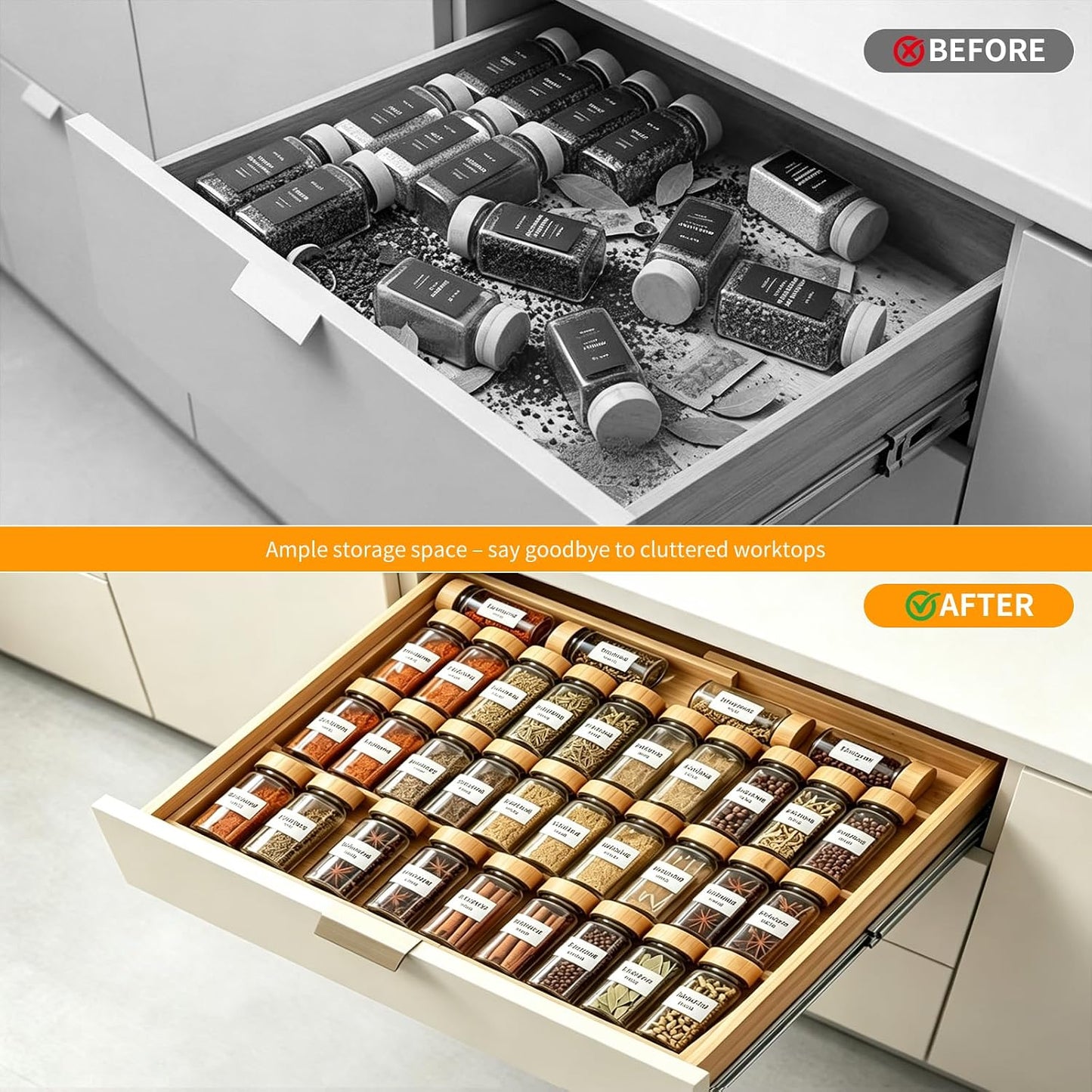 Bamboo Spice Drawer Organizer Expandable(Fits 2.6" Deep or Deeper Drawers), 4-Tier Spice Rack Drawer Insert for Kitchen Cabinets(12" - 22" Width),Adjustable Seasoning Storage Insert(Jars Not Included)