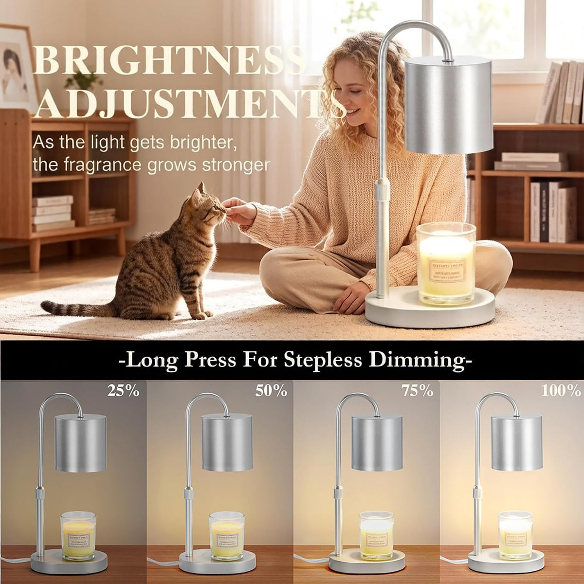 Dreamholder Electric Candle Warmer Lamp with Timer, Dimmable Candle Lamp with Adjustable Height, Wax Melter for Jar Candles Wood Base Floral Home Decor Gifts for Women Mom, Silver Glass