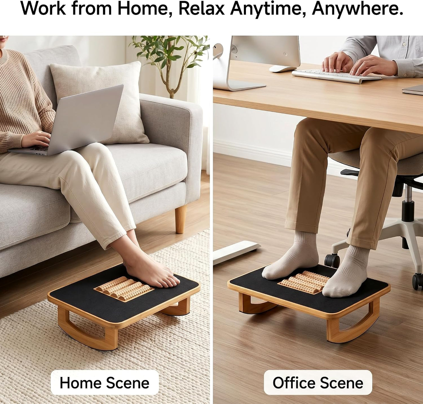 Bamboo Under Desk Foot Rest Foot Stool Rocking Footrest (Nature Semicircle) | Ergonomic Wooden Foot Stool with Non-Slip Surface