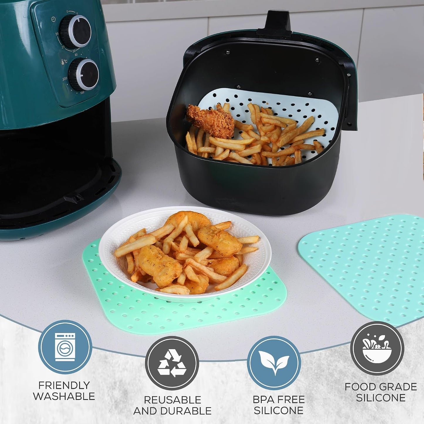 Square Air Fryer Liners Silicone 8.5” x 8.5", 3-Pack, Pastel Colors | Washable & Reusable, Full Coverage, Non-Stick, Easy to Clean, air fryer liners reusable, air fryer silicone liners