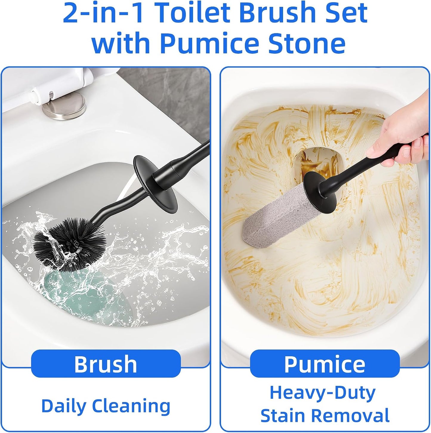 Toilet Brush and Holder Set with Pumice Stone Toilet Bowl Cleaner | Long-handle Scrubber with Ventilated Holder and Pumice Stone for Hard Water Stains, Limescale and Toilet Rings