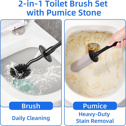 Toilet Brush and Holder Set with Pumice Stone Toilet Bowl Cleaner | Long-handle Scrubber with Ventilated Holder and Pumice Stone for Hard Water Stains, Limescale and Toilet Rings