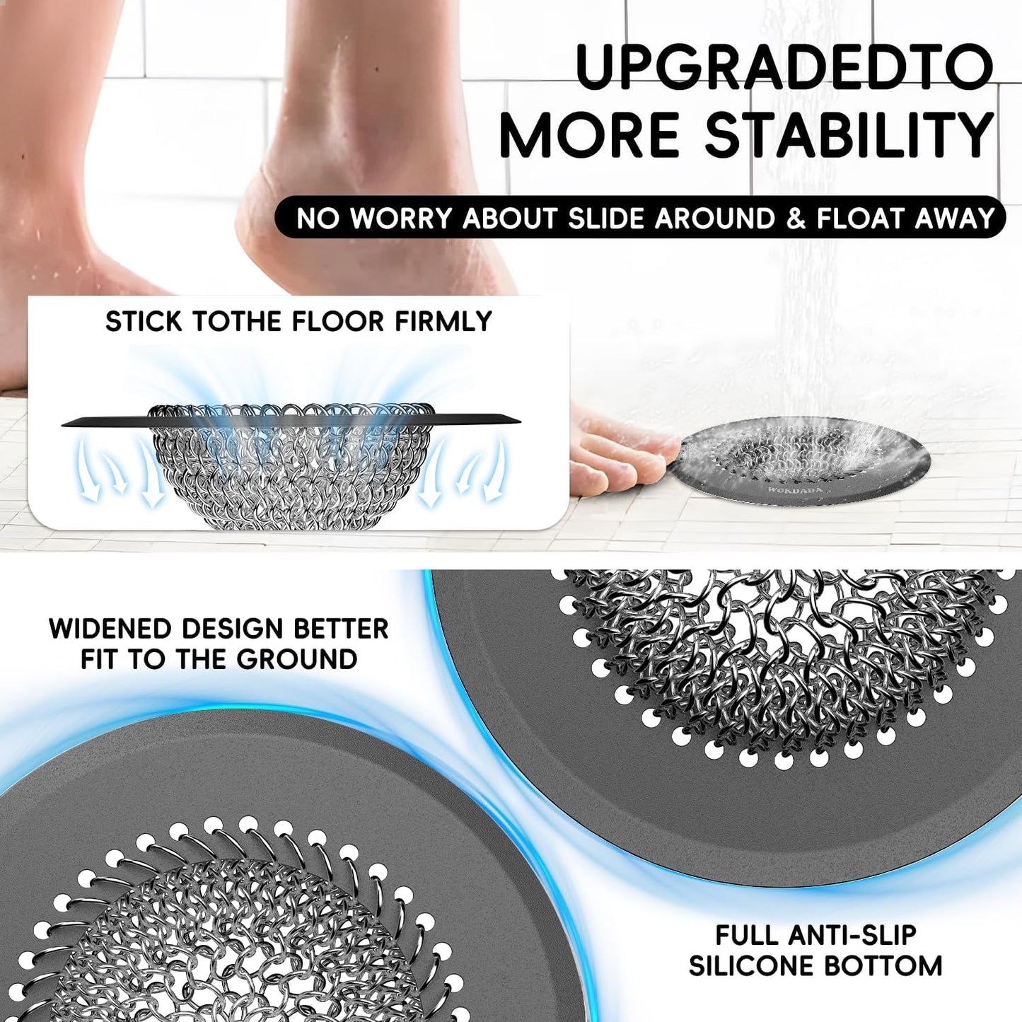Shower Drain Hair Catcher, Patented Bathtub Drain Cover, Anti-Clog | Reversible Flip Clean, Fast Drainage, Anti-Slip Base, 304 Stainless Steel Chain Mail Mesh, 4.4" for Bathtub & Shower Drains