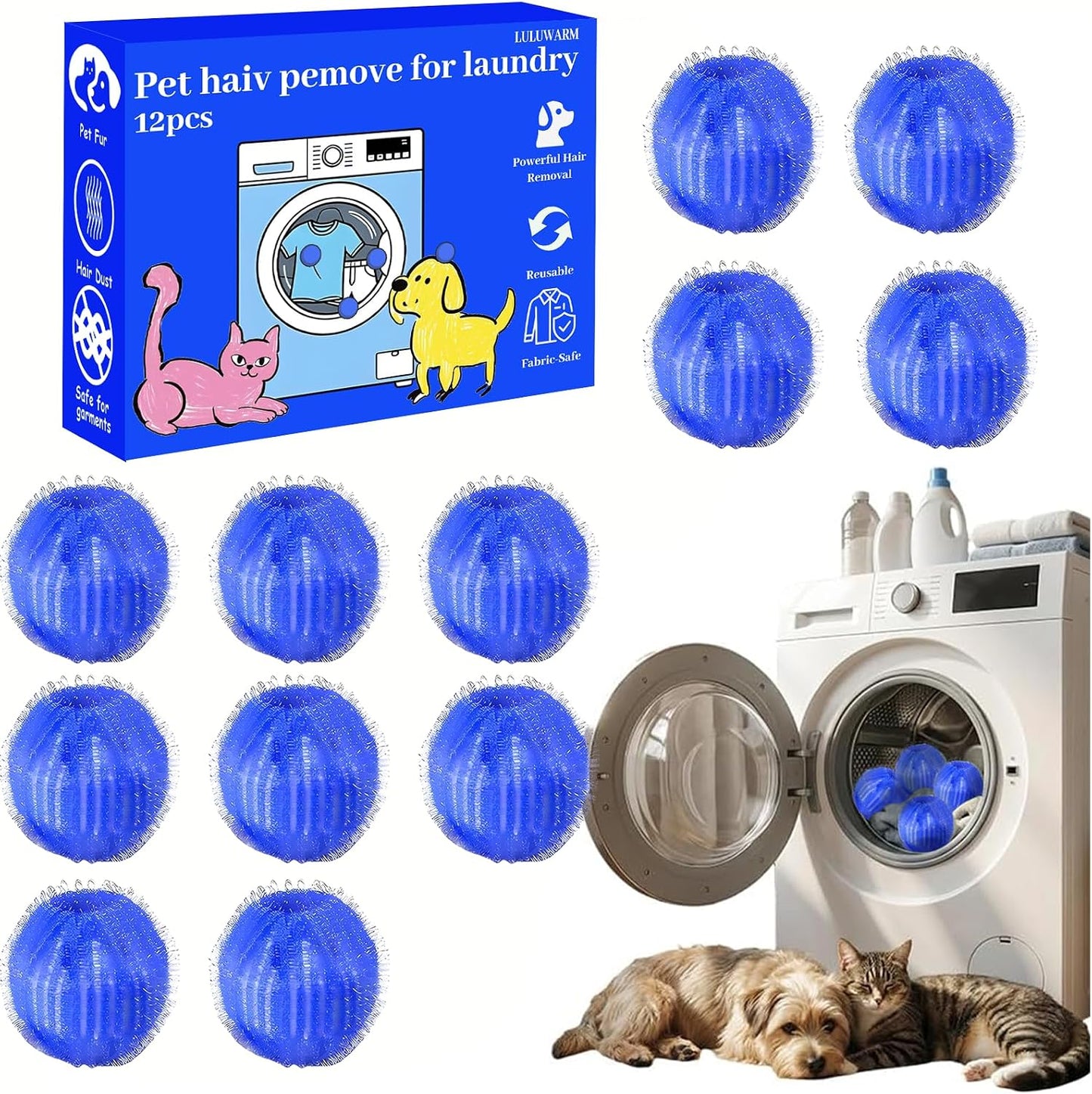 12 PCS Pet Hair Remover for Laundry, Reusable Hair Catcher | Reusable hair catcher helps reduce pet hair on clothes, bedding and blankets for cleaner laundry every wash.