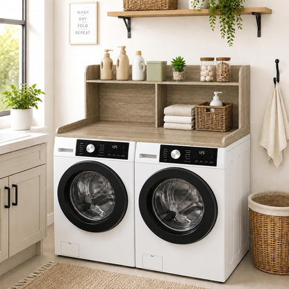 Royxen Washer Dryer Countertop with Extra Tall Shelf, 19" Height Washer and Dryer Topper, Laundry Countertop with Non-Slip Pads, Universal Fit for Laundry Room Organization, Walnut