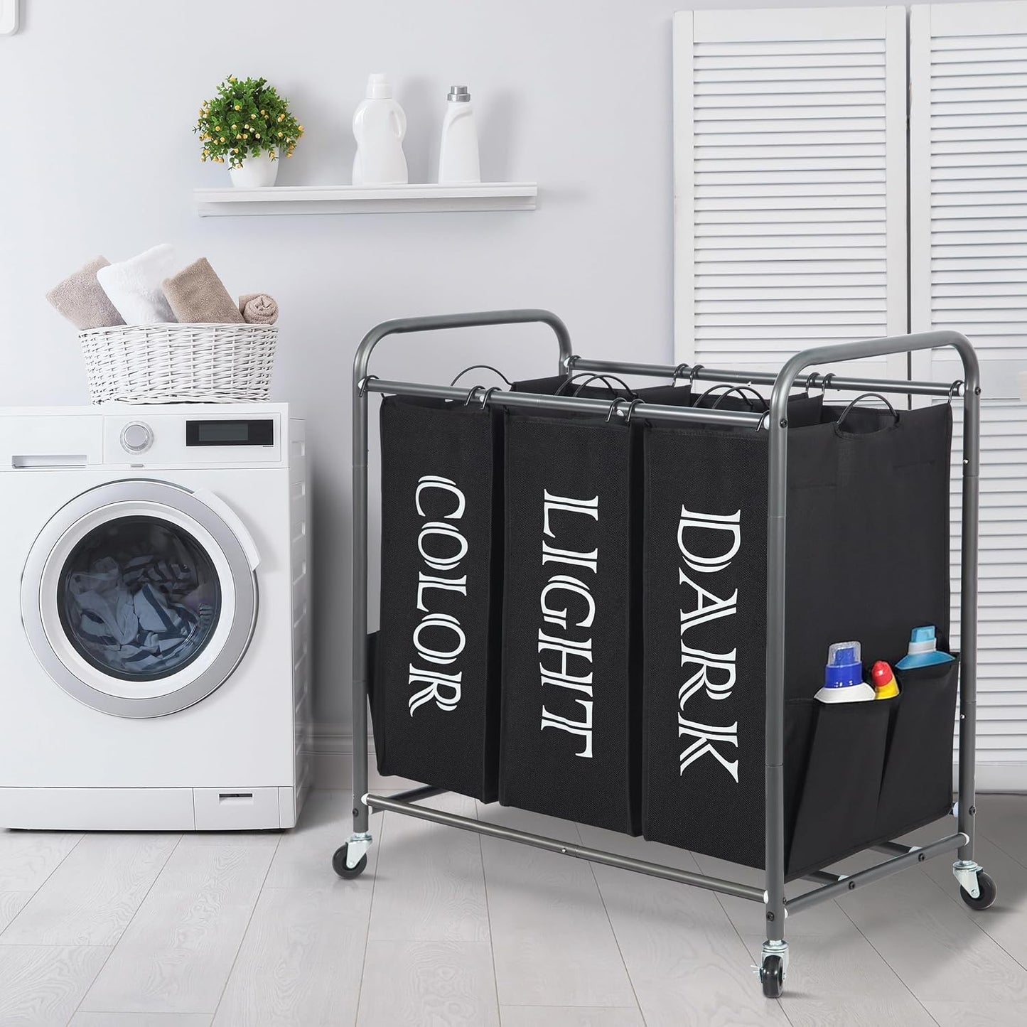 STORAGE MANIAC 3 Section Laundry Sorter, 35.6 Gal (135 L) Laundry Hamper Cart with Heavy Duty Rolling Lockable Wheels and Removable Bags, Clothes Organizer Basket Separator Hamper, Gray