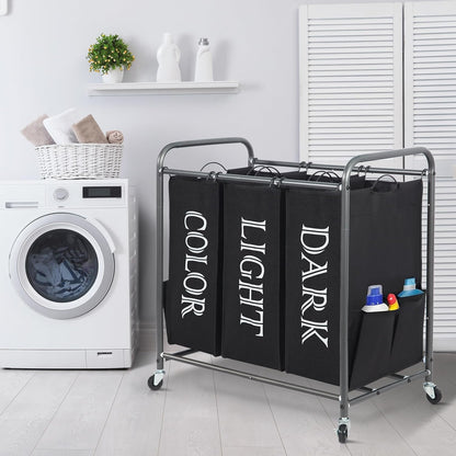 STORAGE MANIAC 3 Section Laundry Sorter, 35.6 Gal (135 L) Laundry Hamper Cart with Heavy Duty Rolling Lockable Wheels and Removable Bags, Clothes Organizer Basket Separator Hamper, Gray