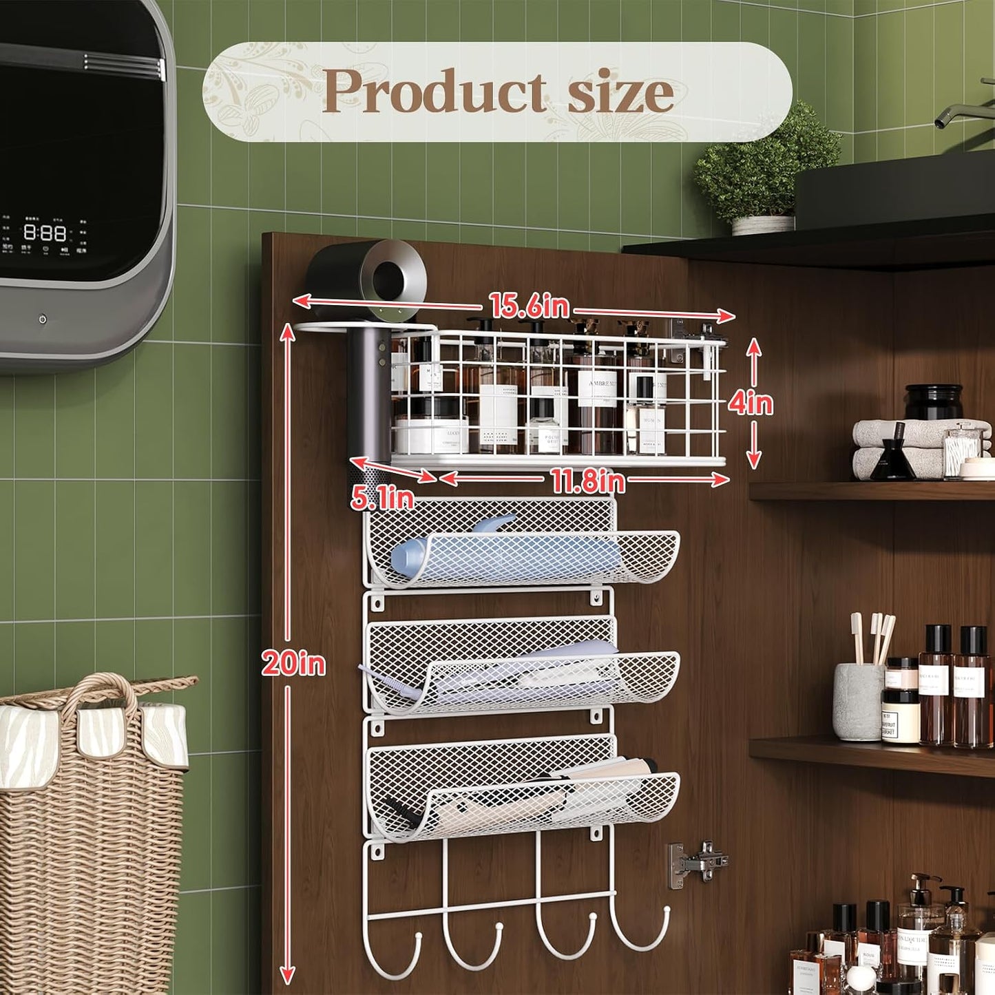 Wall-Mounted Hair Dryer Holder Styling Tool Organizer 4-Shelf Storage Wire Basket with Hook Heat Safe Rack for Hair-Straighteners,Curling Wands,Flat Iron,Cabinet Door Bathroom Kitchen White