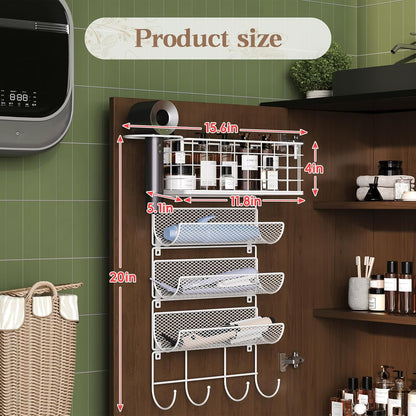 Wall-Mounted Hair Dryer Holder Styling Tool Organizer 4-Shelf Storage Wire Basket with Hook Heat Safe Rack for Hair-Straighteners,Curling Wands,Flat Iron,Cabinet Door Bathroom Kitchen White