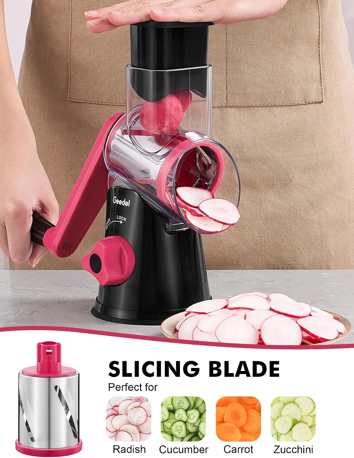 Geedel Rotary Cheese Grater, Kitchen Mandoline Vegetable Slicer with 3 Interchangeable Blades, Easy to Clean Rotary Grater Slicer for Fruit, Vegetables, Nuts | 3 Blades, 430 Stainless Steel, 12x Fast Cutting, Strong Suction Base, No BPA, Dishwasher Safe,