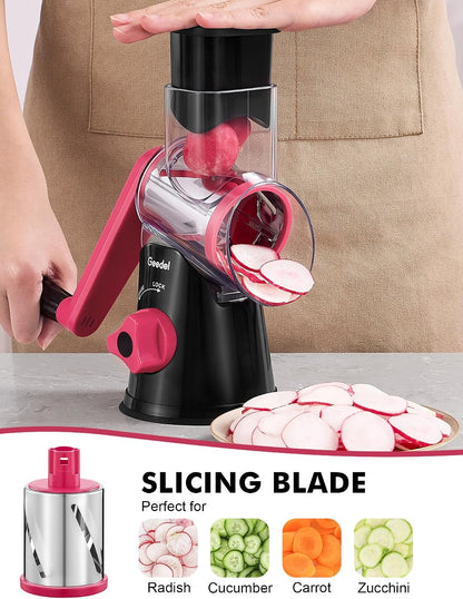 Geedel Rotary Cheese Grater, Kitchen Mandoline Vegetable Slicer with 3 Interchangeable Blades, Easy to Clean Rotary Grater Slicer for Fruit, Vegetables, Nuts | 3 Blades, 430 Stainless Steel, 12x Fast Cutting, Strong Suction Base, No BPA, Dishwasher Safe,