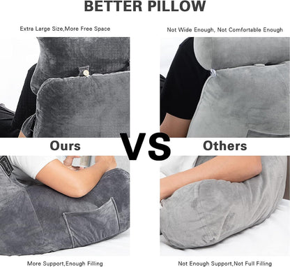 SLIGUY Reading Pillow-Bed Rest Pillow with Detachable Neck Roll & Support Arm for Sitting in Bed Couch or Floor-Backrest Reading Pillow Adult Back Pillow for Reading/Watching TV/Gaming,Dark Grey
