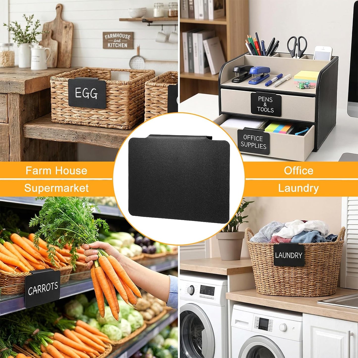 60 Pcs Plastic Basket Bin Label Clip on Removable Basket Label Clip with 8 Pcs White Chalk Markers for Kitchen Pantry Storage