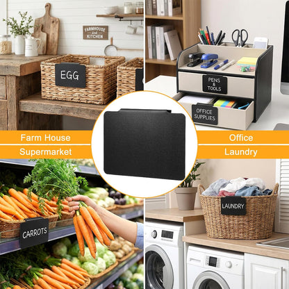 60 Pcs Plastic Basket Bin Label Clip on Removable Basket Label Clip with 8 Pcs White Chalk Markers for Kitchen Pantry Storage