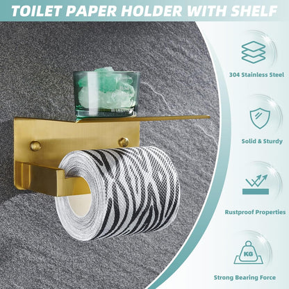 APLusee Matte Black Toilet Paper Holder with Storage Shelf, Wall Mounted | Rustproof 304 Stainless Steel, 2-in-1 Functional Toilet Paper and Phone Storage, Fits Bathroom, Restroom, Vanity, Kitchen