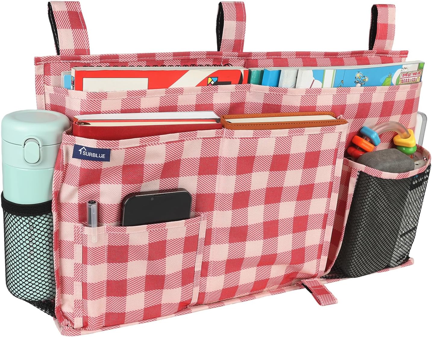 Surblue Bedside Caddy Hanging Organizer Storage Bag Pocket for Bunk, Hospital, College Dorm Rooms, Baby Bed Rails, Camp - 4 Pockets, 2 Hooks (Blue)