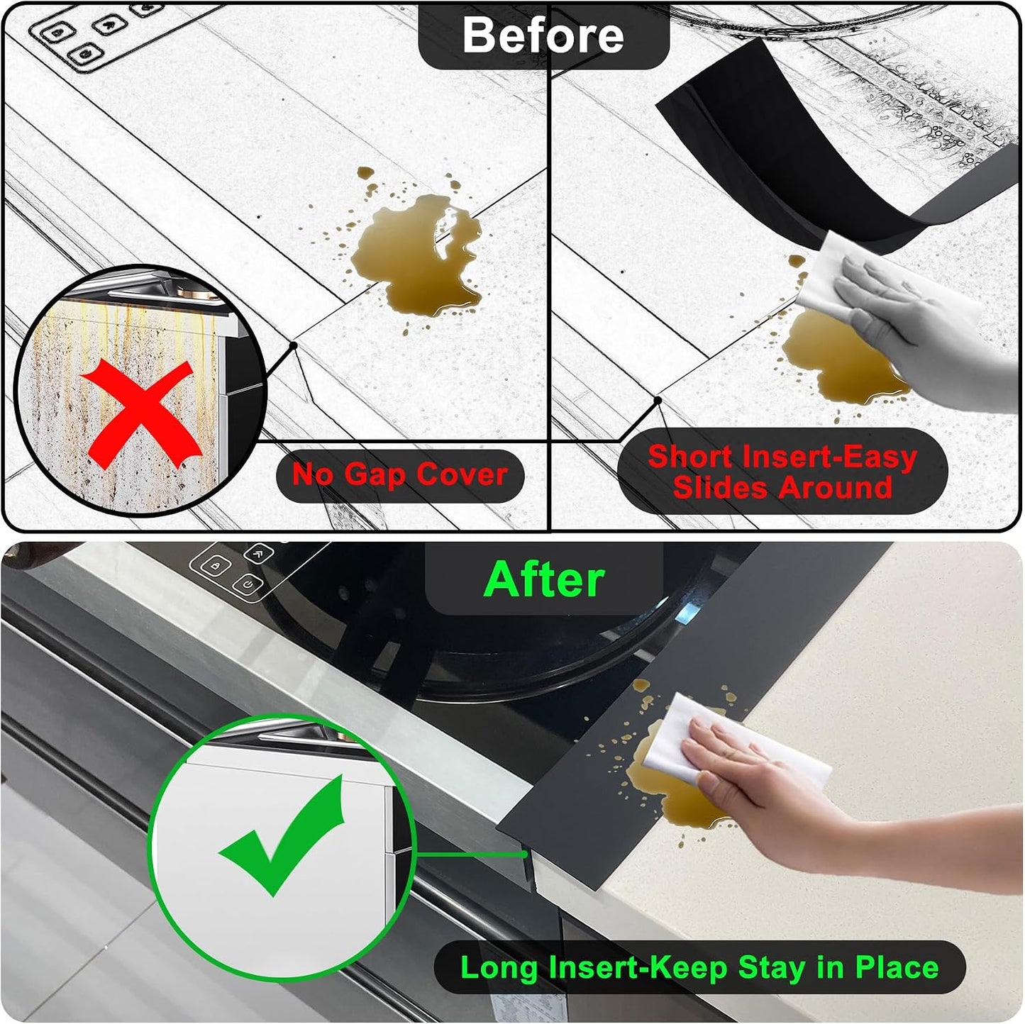 Silicone Stove Counter Gap Cover - 25 Inch Gap Filler 2 Pack Black | Long gap filler seals spills between kitchen appliances Stovetop oven countertop; stove gap cover, gas stove side gap covers