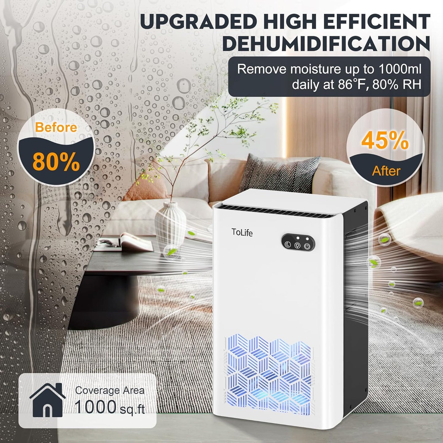 ToLife Dehumidifier for Home, 1000 sq.ft Dehumidifiers for Bedroom Bathroom Basement with 95 OZ Water Tank, Auto Shut Off 7 Colors LED Light, White Black