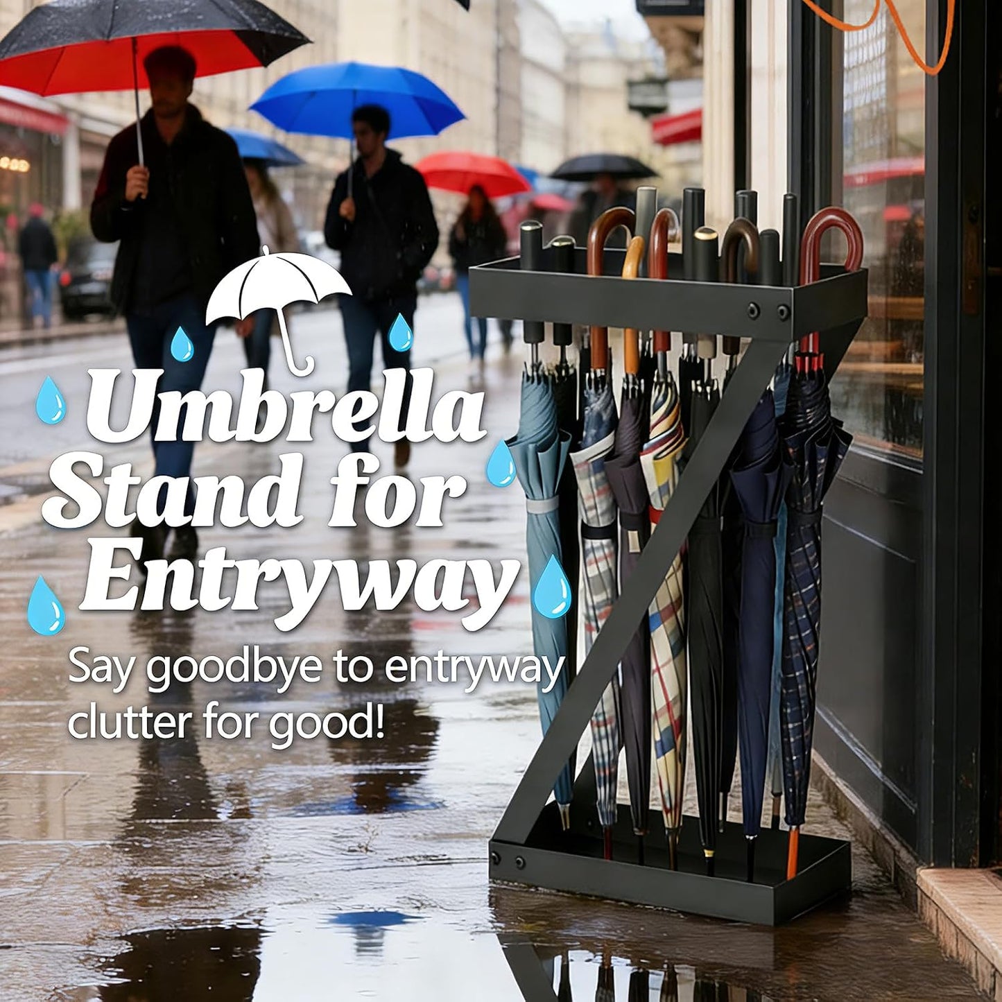 Umbrella Holder for Entryway, Black Umbrella Stand Indoor Stores Umbrellas Canes Equipped with Hooks Ideal for Home, Office , Hotel Lobby of Umbrella Storage Rack