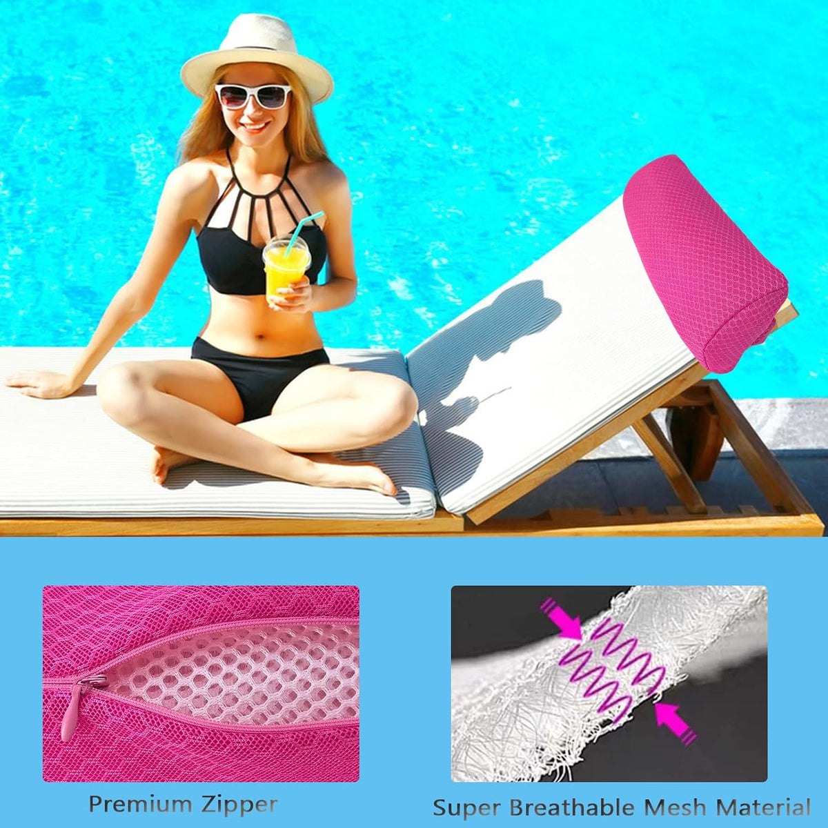 1 Pack Headrest Pillow for Patio Chaise Lounge,Recliner,Beach Chair,Gray | Resilient 3D mesh pillow with removable washable cover, adjustable elastic strap, ergonomic support, lightweight portable