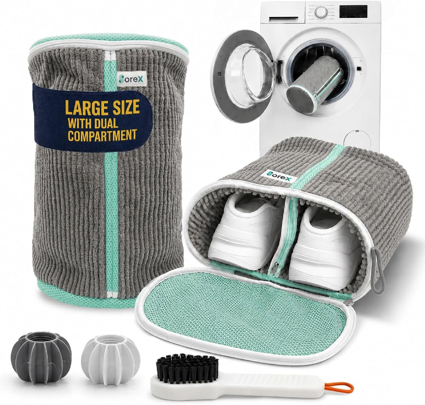 Shoe Washing Machine Bag with Zippered Pocket | Durable Mesh Sneaker Laundry Bag with 2 Laundry Balls & Shoe Washing Brush, Heavy Duty Zipper, No Color Transfer (White)