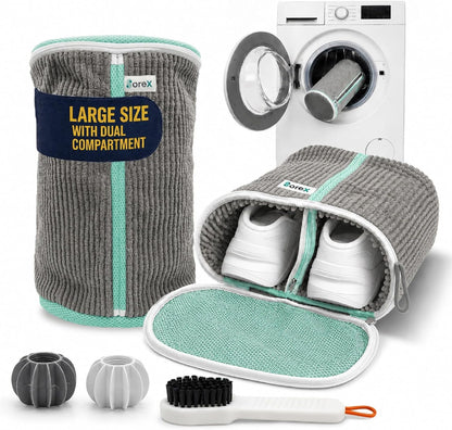 Shoe Washing Machine Bag with Zippered Pocket | Durable Mesh Sneaker Laundry Bag with 2 Laundry Balls & Shoe Washing Brush, Heavy Duty Zipper, No Color Transfer (White)